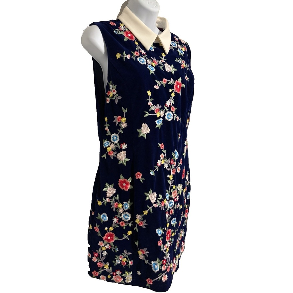 Navy Velvet Floral Embroidered Mini Dress~Sz 6~Sleeveless Sheath Party Coquette